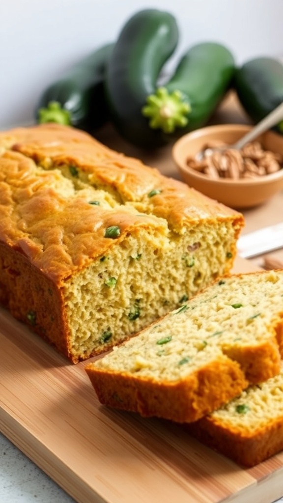 A loaf of zucchini bread with slices cut, showcasing the moist texture and flecks of zucchini.